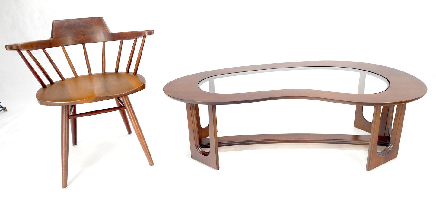 EstablishedLines Oiled Walnut Boomerang Kidney Shape Glass Top Stretcher Base Coffee Table Mint!