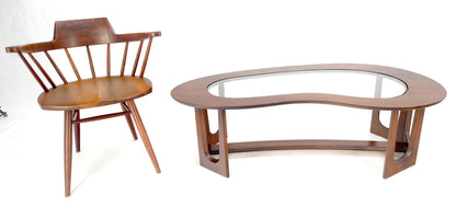 EstablishedLines Oiled Walnut Boomerang Kidney Shape Glass Top Stretcher Base Coffee Table Mint!
