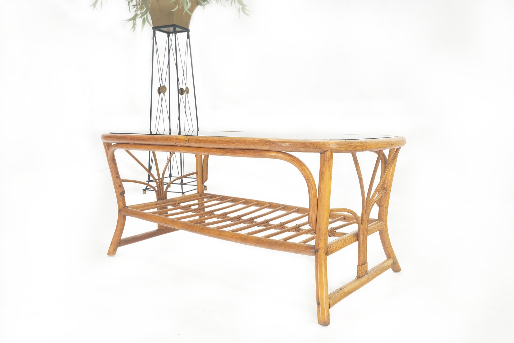 EstablishedLines Ficks Reed Rattan Bamboo Rounded Corners Two Tier Coffee Table c1970s MINT!