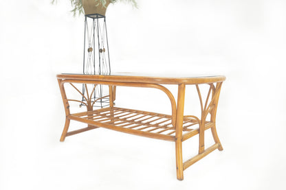 EstablishedLines Ficks Reed Rattan Bamboo Rounded Corners Two Tier Coffee Table c1970s MINT!