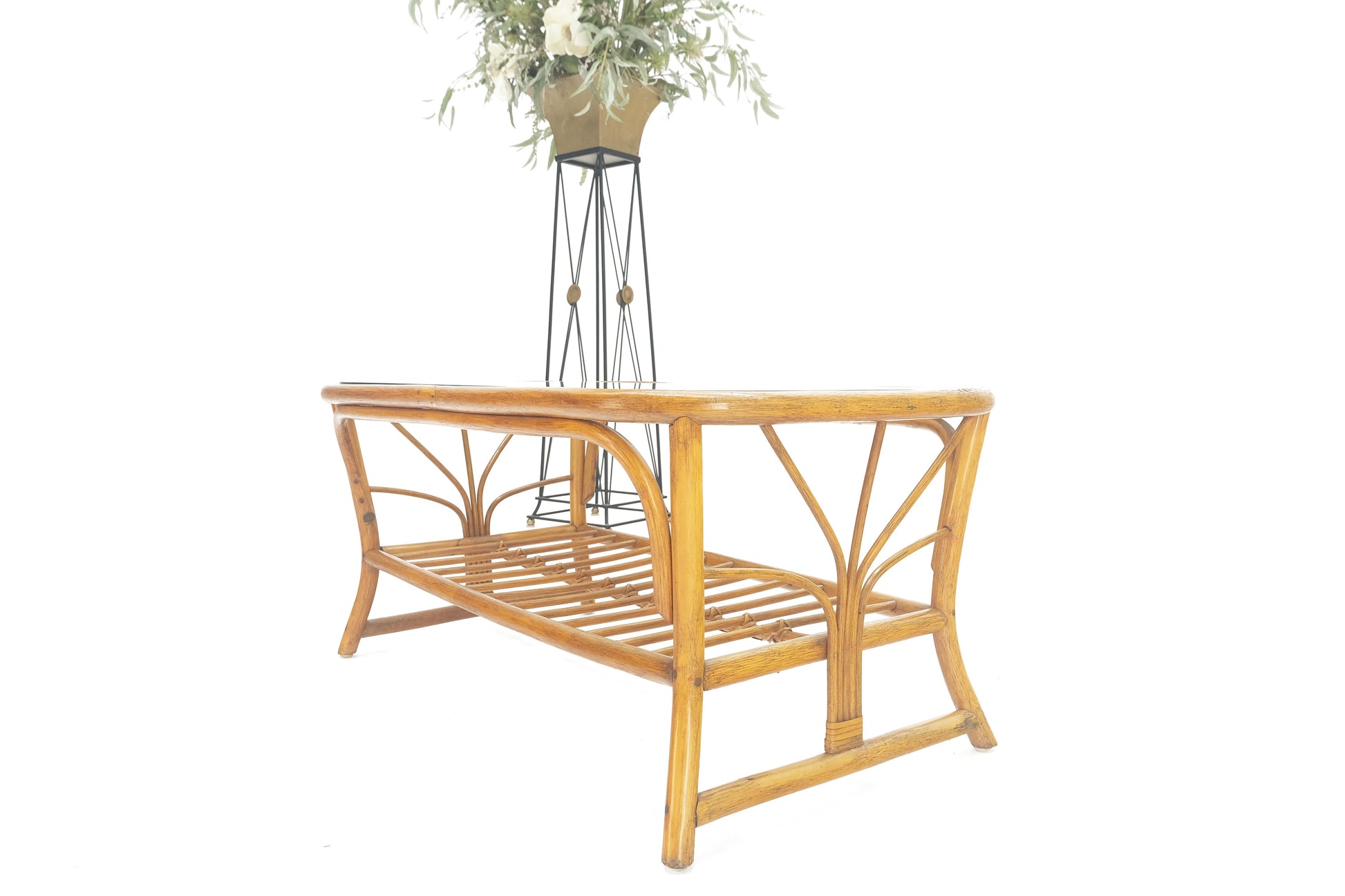 EstablishedLines Ficks Reed Rattan Bamboo Rounded Corners Two Tier Coffee Table c1970s MINT!
