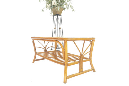 EstablishedLines Ficks Reed Rattan Bamboo Rounded Corners Two Tier Coffee Table c1970s MINT!
