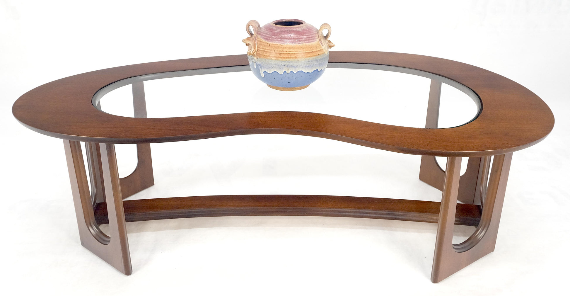 EstablishedLines Oiled Walnut Boomerang Kidney Shape Glass Top Stretcher Base Coffee Table Mint!