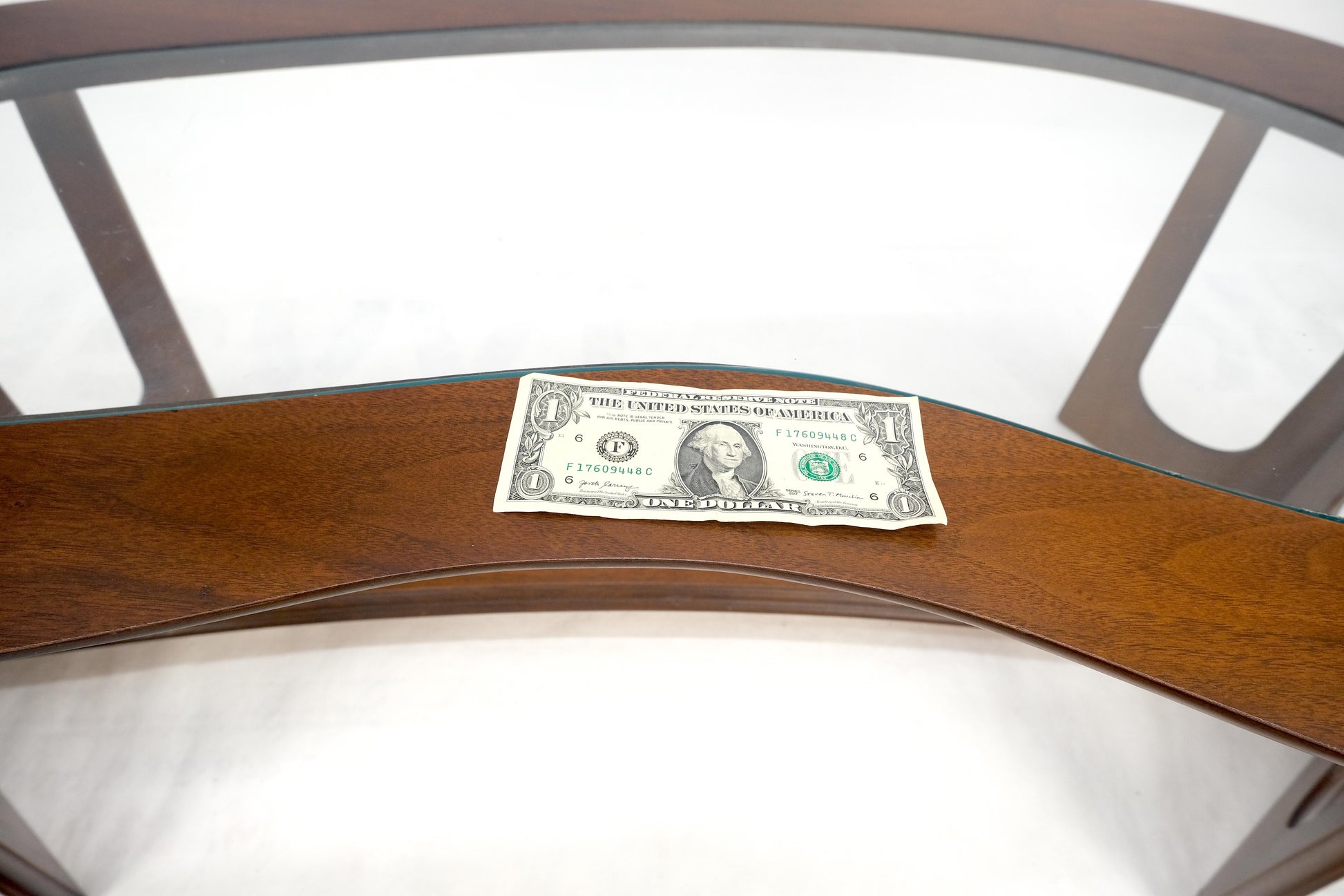 EstablishedLines Oiled Walnut Boomerang Kidney Shape Glass Top Stretcher Base Coffee Table Mint!