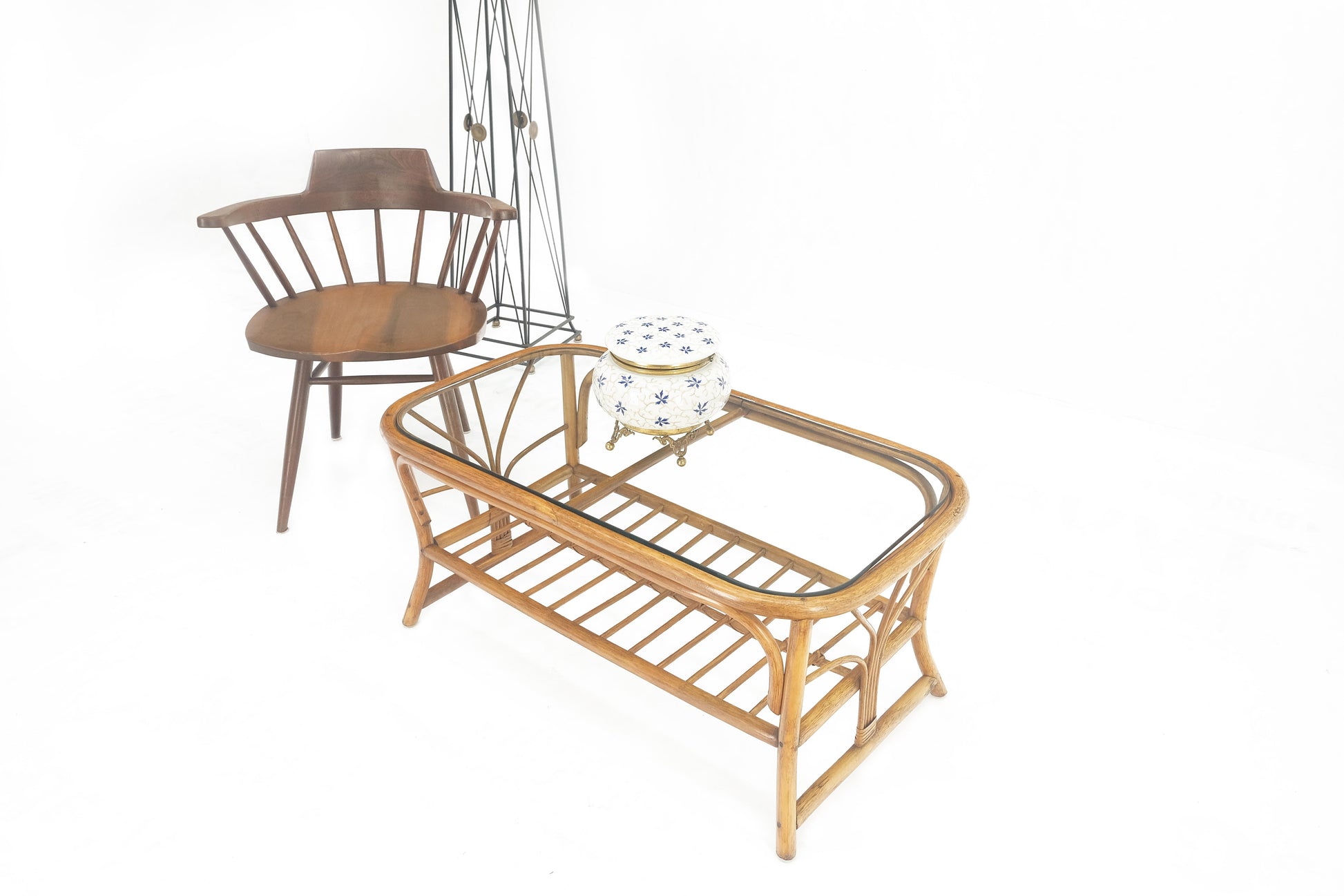 EstablishedLines Ficks Reed Rattan Bamboo Rounded Corners Two Tier Coffee Table c1970s MINT!