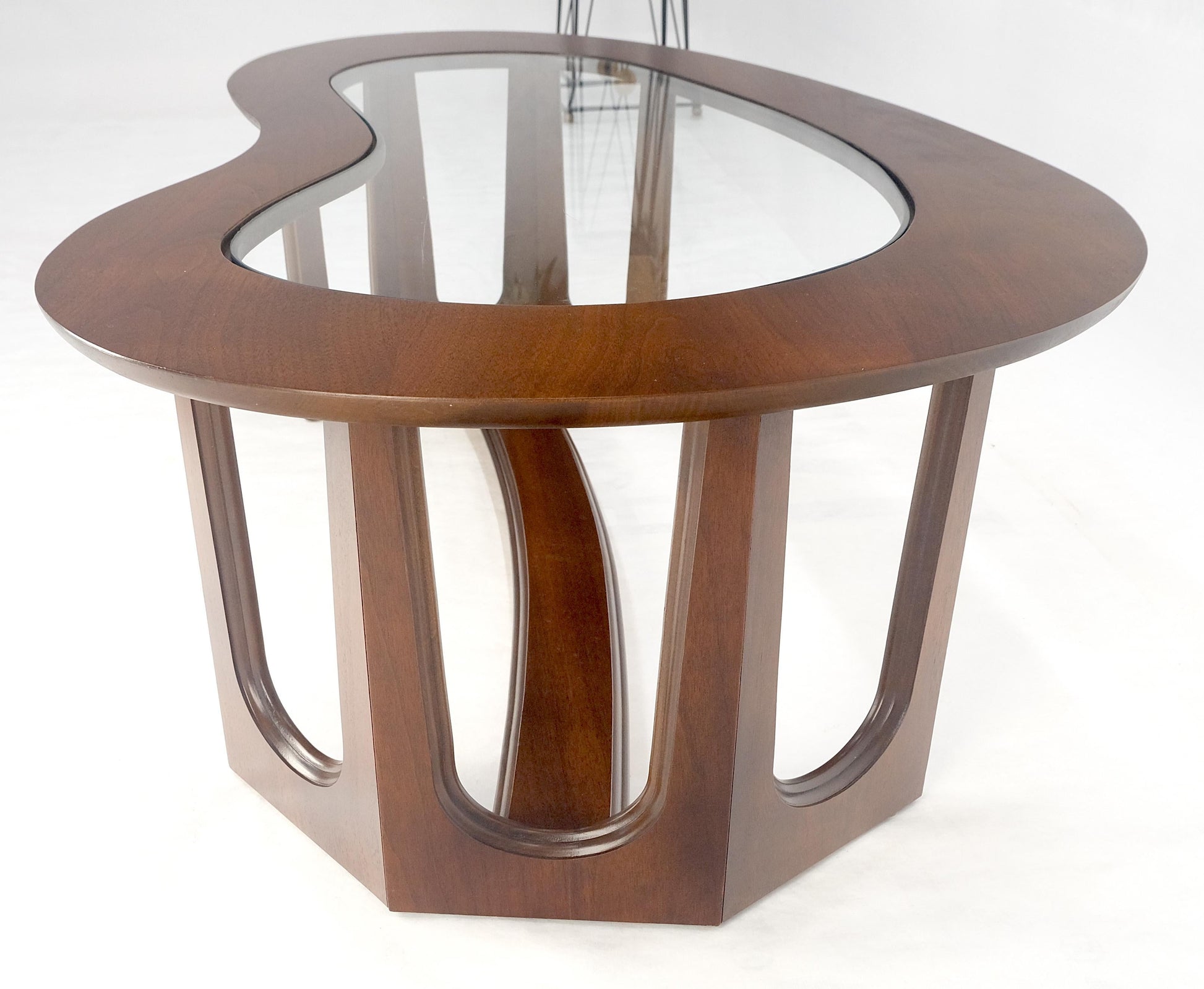 EstablishedLines Oiled Walnut Boomerang Kidney Shape Glass Top Stretcher Base Coffee Table Mint!