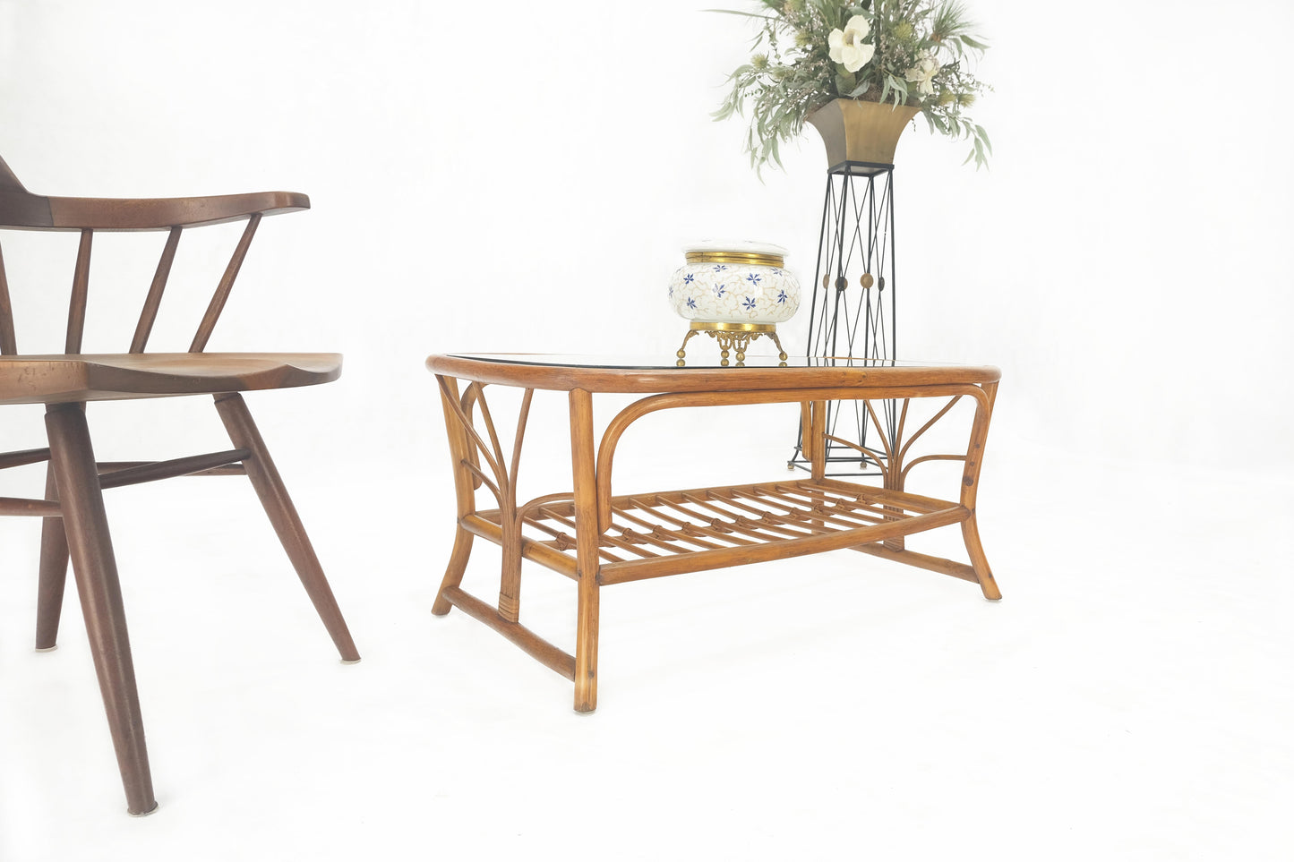 EstablishedLines Ficks Reed Rattan Bamboo Rounded Corners Two Tier Coffee Table c1970s MINT!