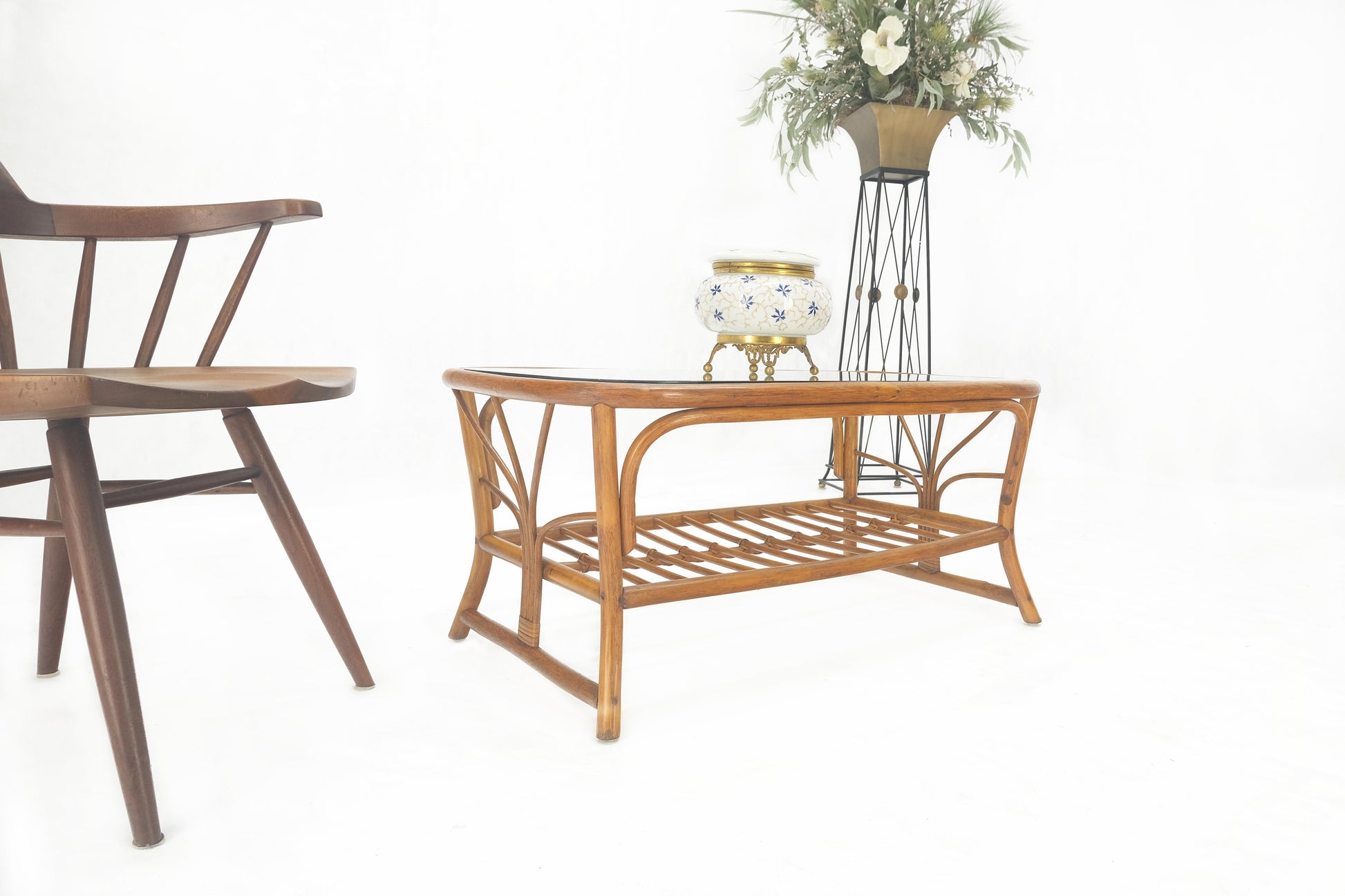 EstablishedLines Ficks Reed Rattan Bamboo Rounded Corners Two Tier Coffee Table c1970s MINT!