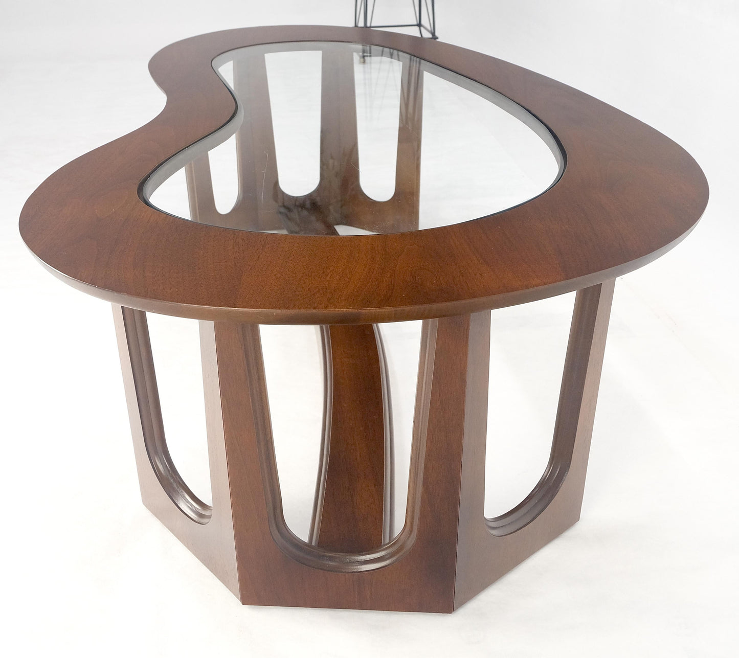 EstablishedLines Oiled Walnut Boomerang Kidney Shape Glass Top Stretcher Base Coffee Table Mint!