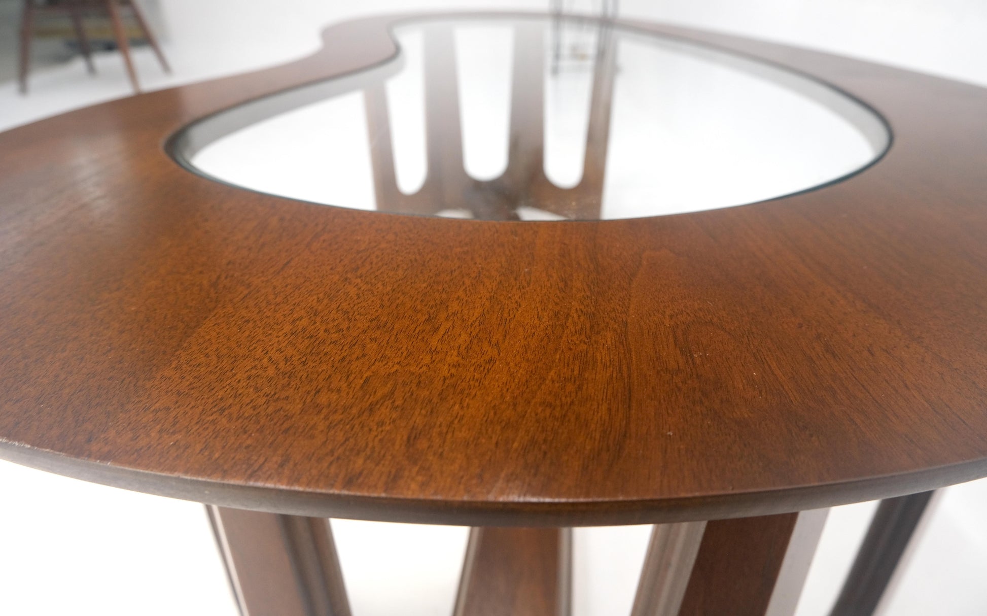 EstablishedLines Oiled Walnut Boomerang Kidney Shape Glass Top Stretcher Base Coffee Table Mint!