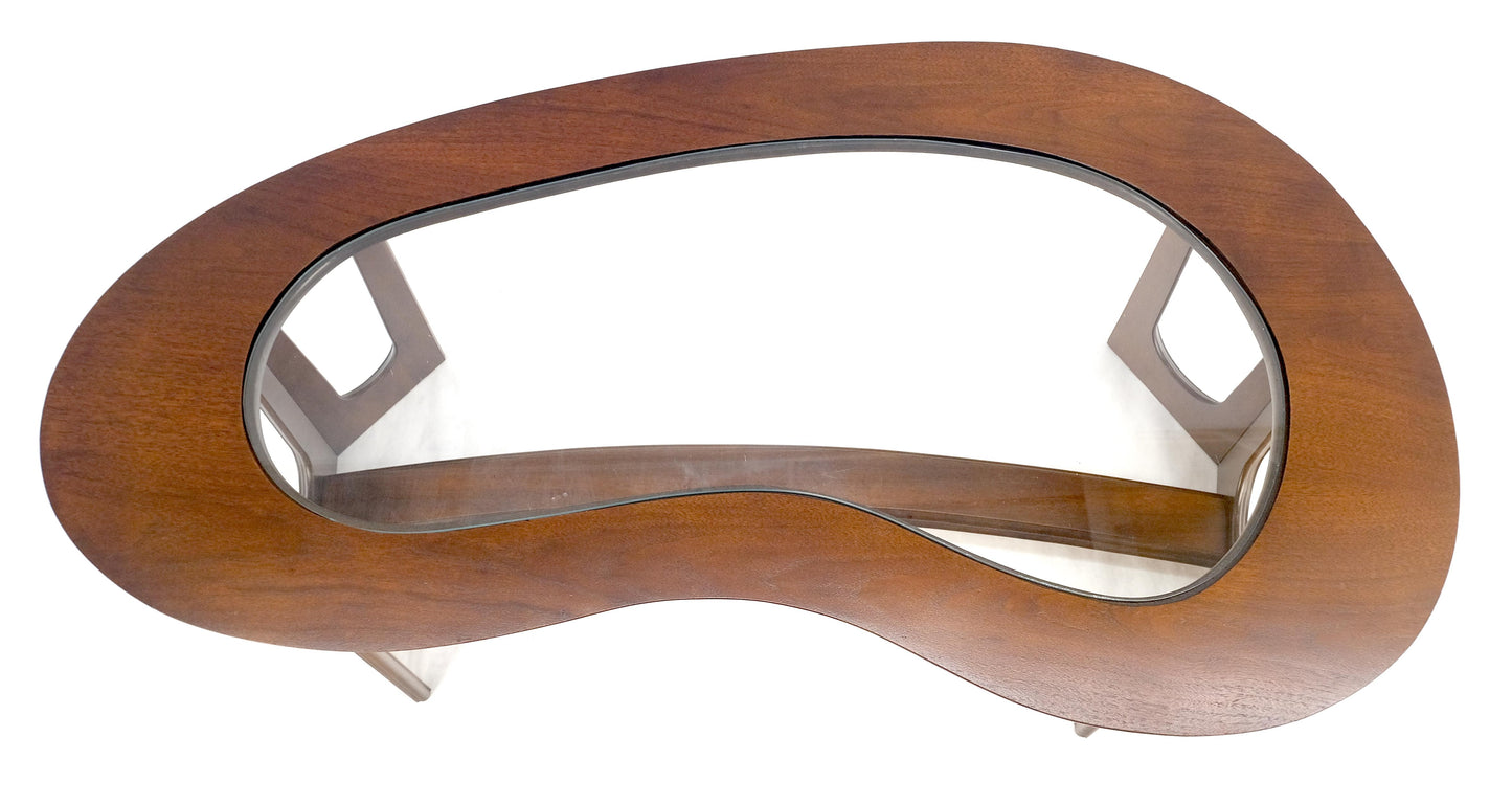 EstablishedLines Oiled Walnut Boomerang Kidney Shape Glass Top Stretcher Base Coffee Table Mint!