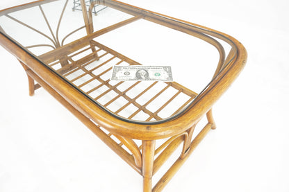 EstablishedLines Ficks Reed Rattan Bamboo Rounded Corners Two Tier Coffee Table c1970s MINT!