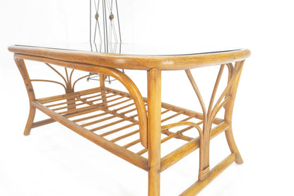 EstablishedLines Ficks Reed Rattan Bamboo Rounded Corners Two Tier Coffee Table c1970s MINT!