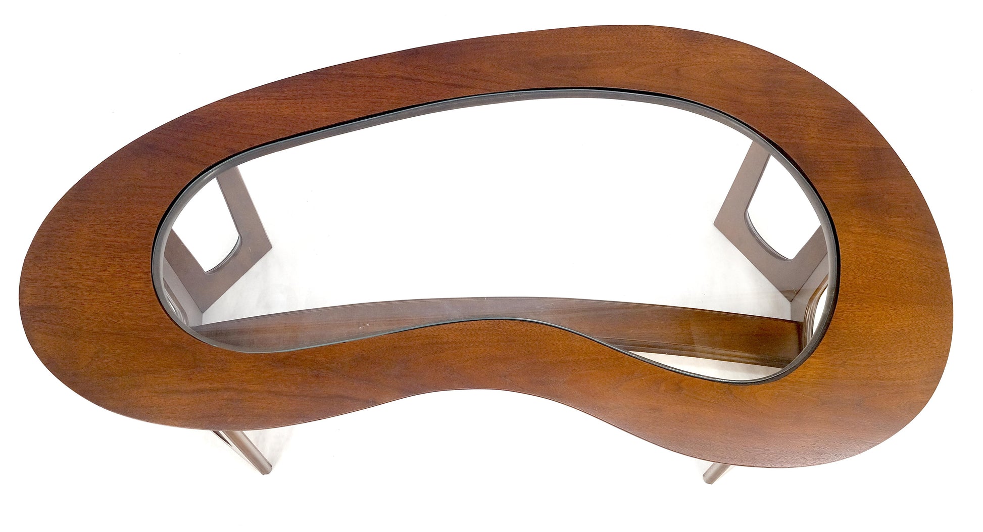 EstablishedLines Oiled Walnut Boomerang Kidney Shape Glass Top Stretcher Base Coffee Table Mint!