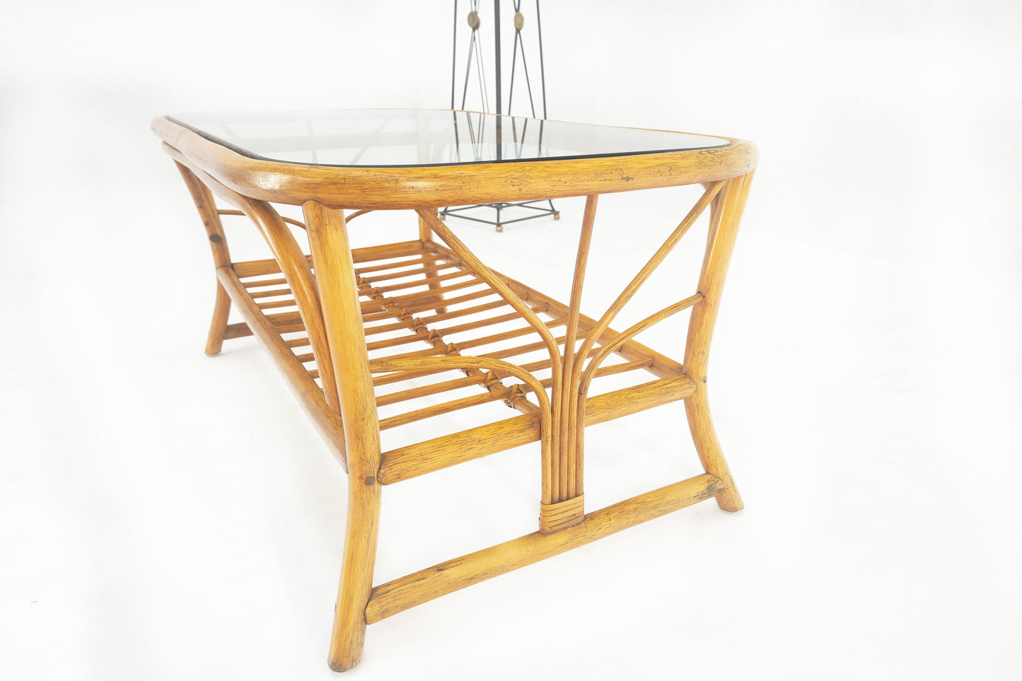 EstablishedLines Ficks Reed Rattan Bamboo Rounded Corners Two Tier Coffee Table c1970s MINT!