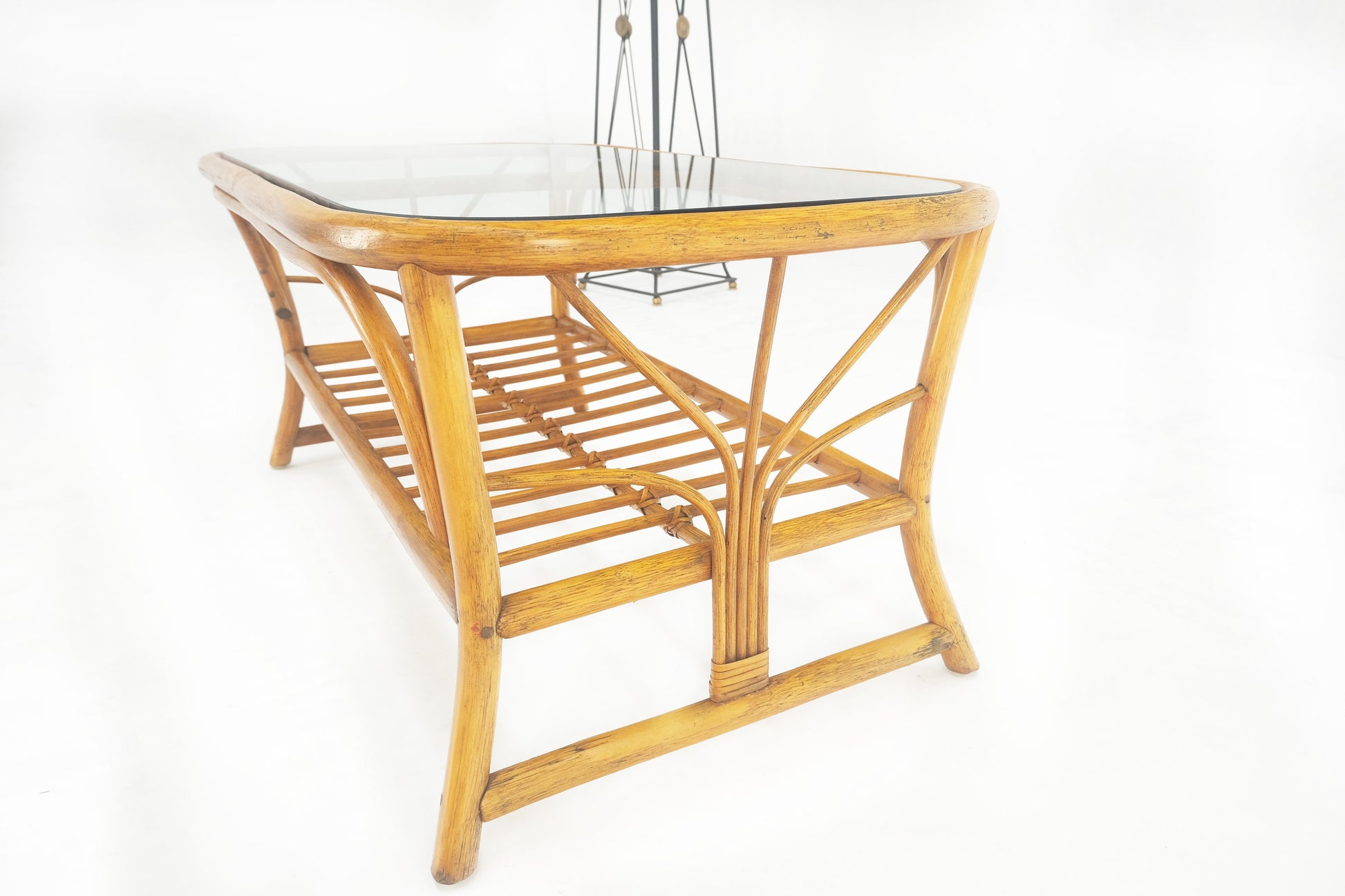 EstablishedLines Ficks Reed Rattan Bamboo Rounded Corners Two Tier Coffee Table c1970s MINT!