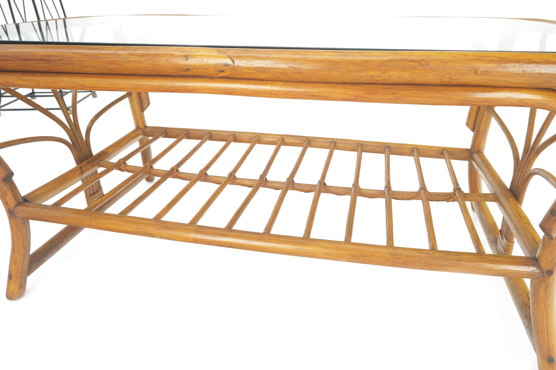 EstablishedLines Ficks Reed Rattan Bamboo Rounded Corners Two Tier Coffee Table c1970s MINT!