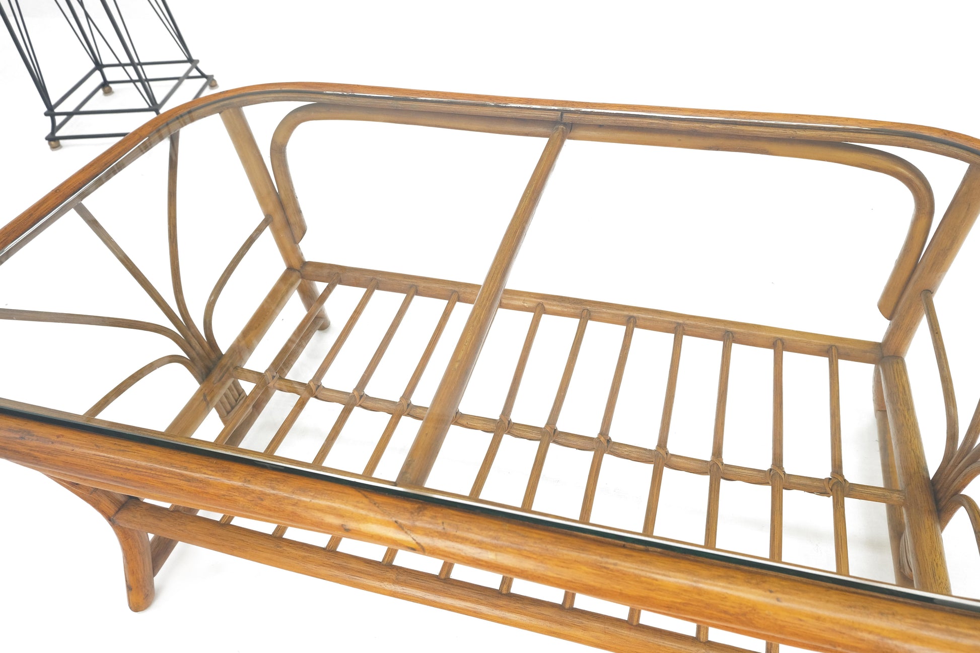 EstablishedLines Ficks Reed Rattan Bamboo Rounded Corners Two Tier Coffee Table c1970s MINT!