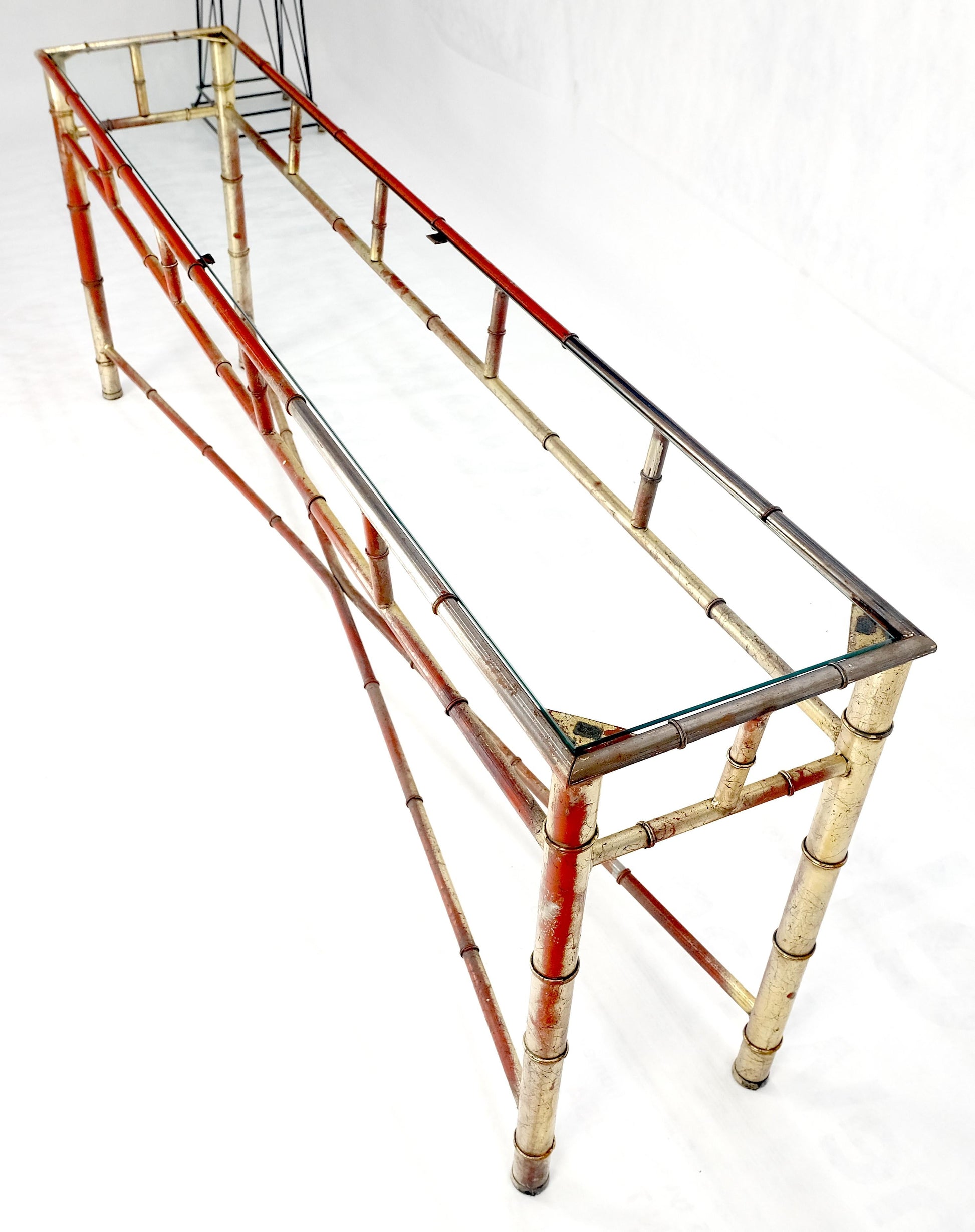 EstablishedLines 6' Faux Bamboo Metal Silver Gilt & Red Mid Century Modern Console Sofa Table