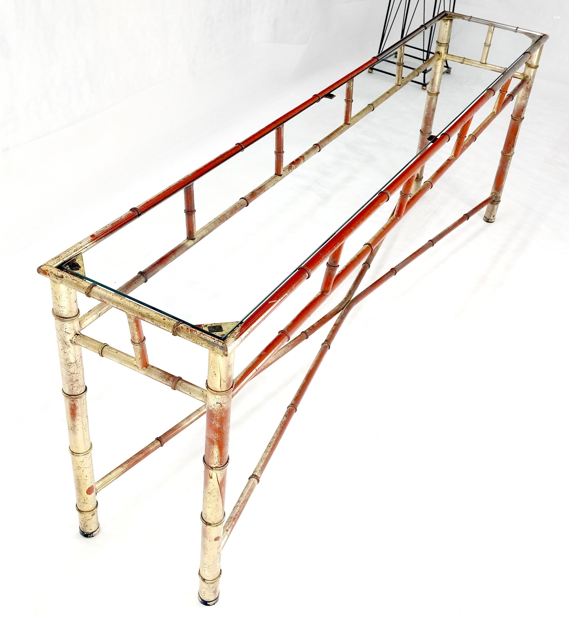 EstablishedLines 6' Faux Bamboo Metal Silver Gilt & Red Mid Century Modern Console Sofa Table
