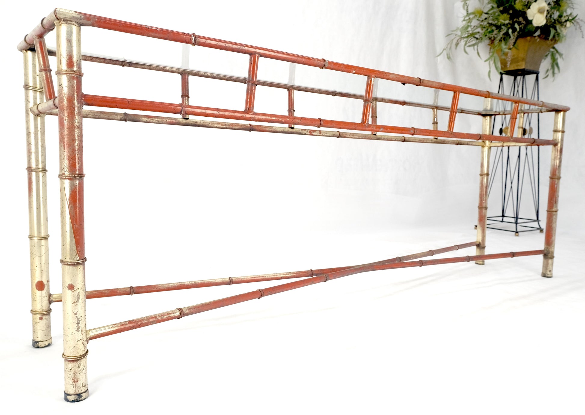 EstablishedLines 6' Faux Bamboo Metal Silver Gilt & Red Mid Century Modern Console Sofa Table