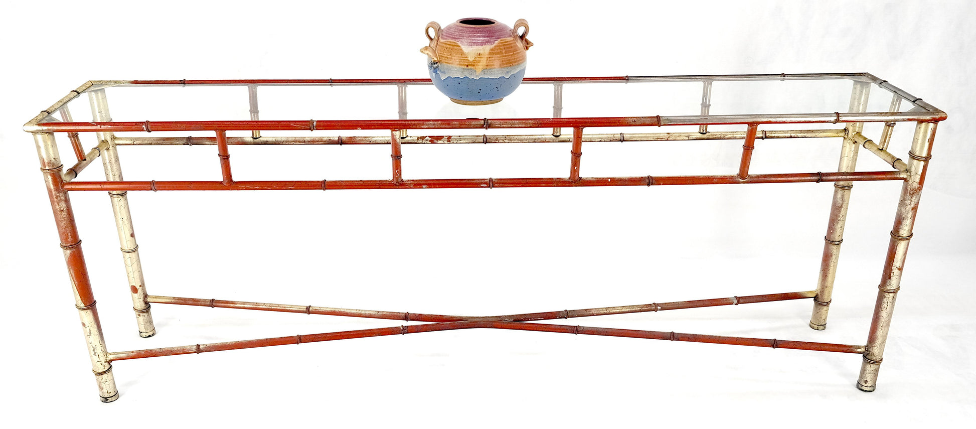 EstablishedLines 6' Faux Bamboo Metal Silver Gilt & Red Mid Century Modern Console Sofa Table