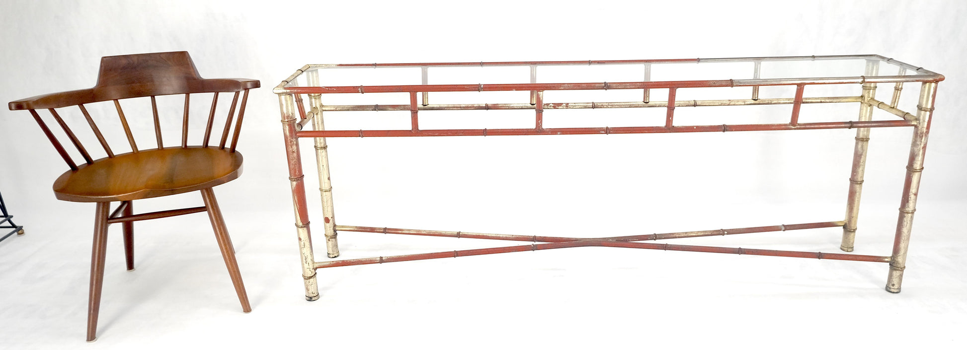 EstablishedLines 6' Faux Bamboo Metal Silver Gilt & Red Mid Century Modern Console Sofa Table