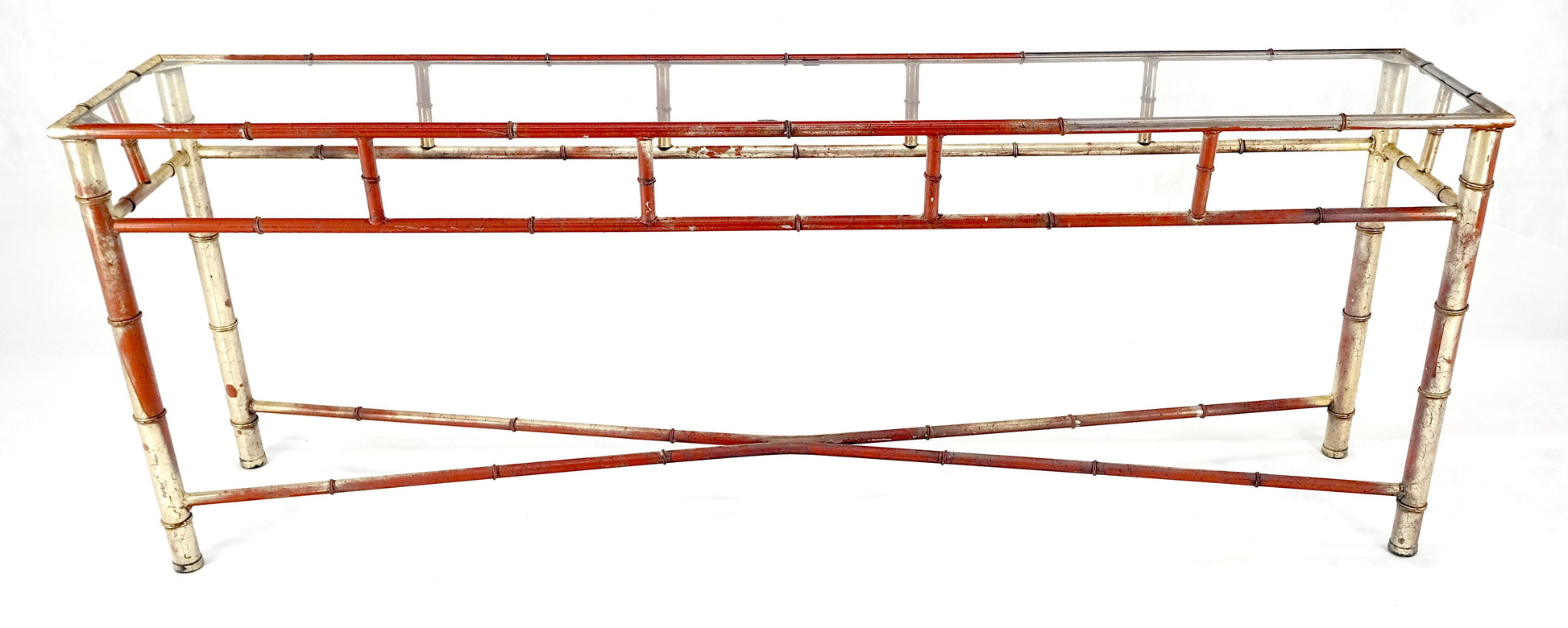 EstablishedLines 6' Faux Bamboo Metal Silver Gilt & Red Mid Century Modern Console Sofa Table