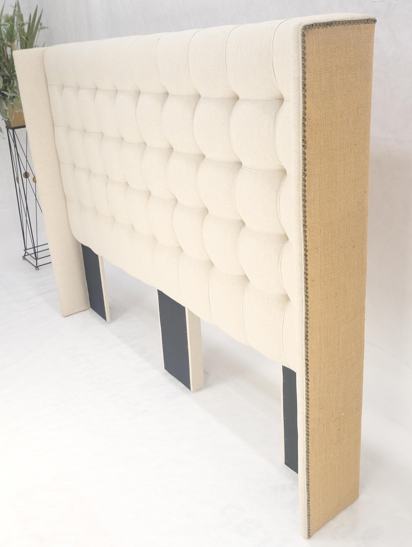 EstablishedLines Custom Tufted Linen Oatmeal Beige Wing Headboard King Size Bed Mint