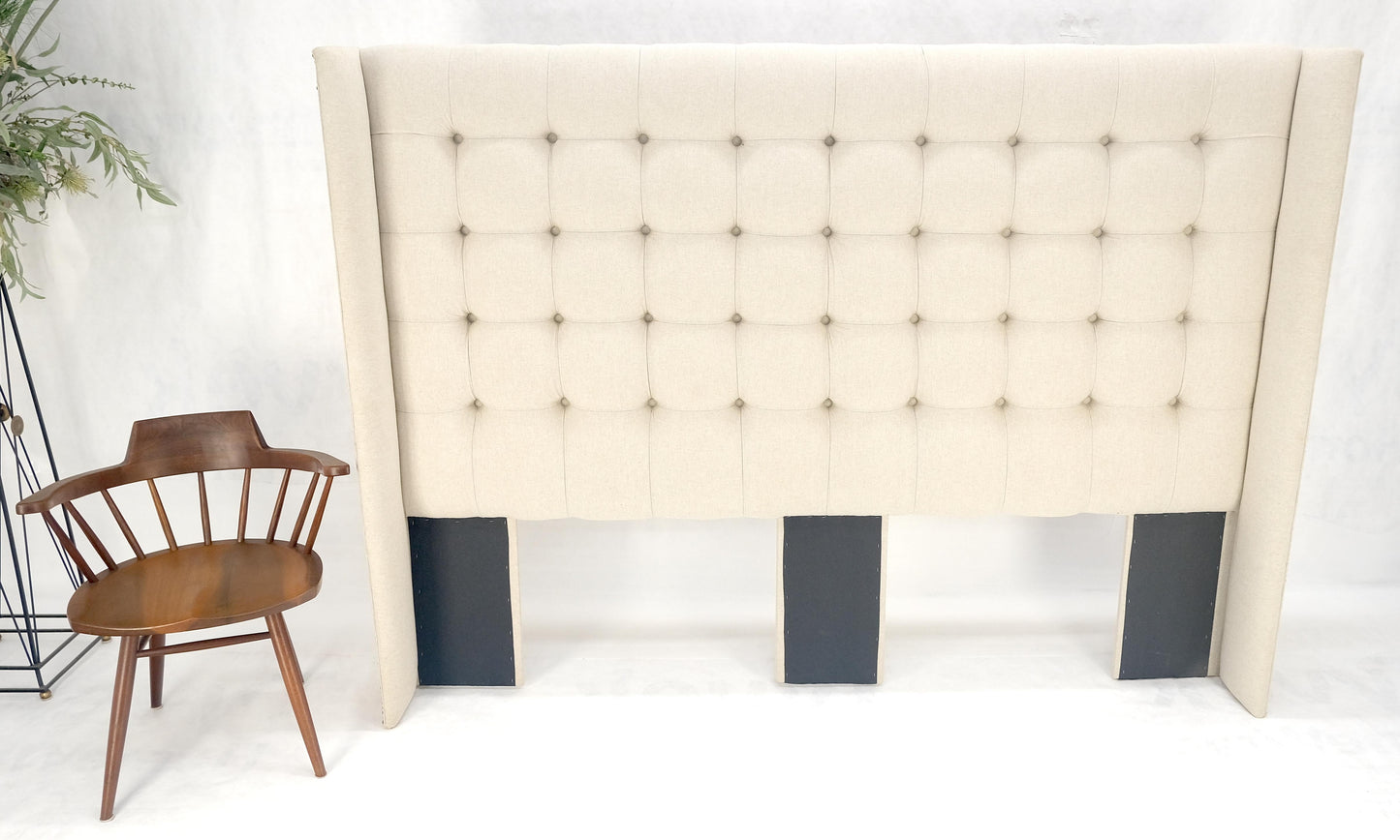 EstablishedLines Custom Tufted Linen Oatmeal Beige Wing Headboard King Size Bed Mint