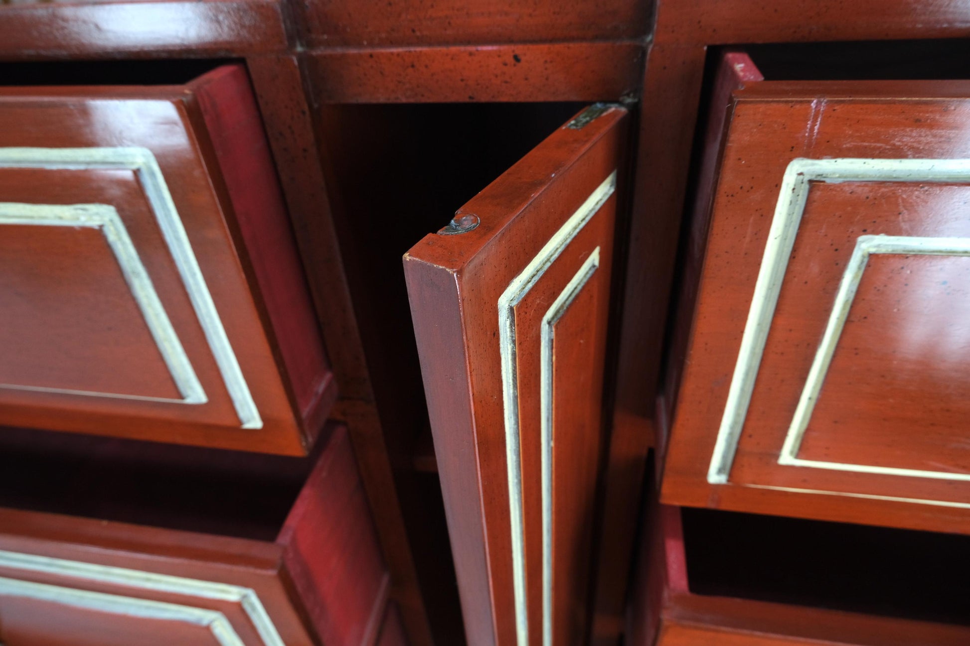 EstablishedLines Directoire Style Blood Tomato Red Lacquer Super Heavy Solid Brass Pulls Dresser