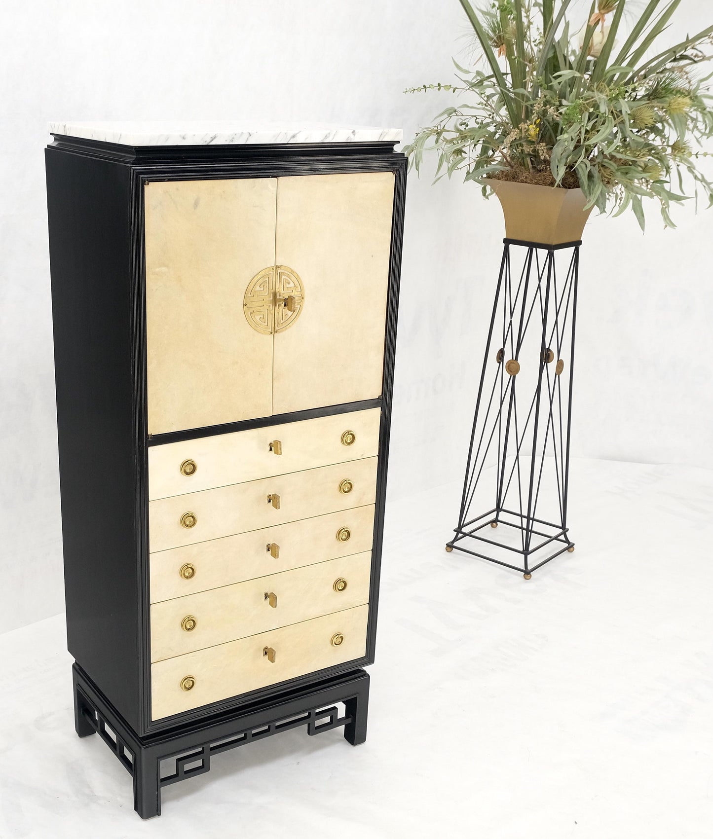 EstablishedLines Black Lacquer Marble Top Goatskin Drawers & Double Doors Liquor Silver Cabinet