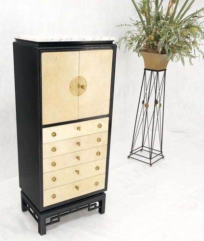 EstablishedLines Black Lacquer Marble Top Goatskin Drawers & Double Doors Liquor Silver Cabinet