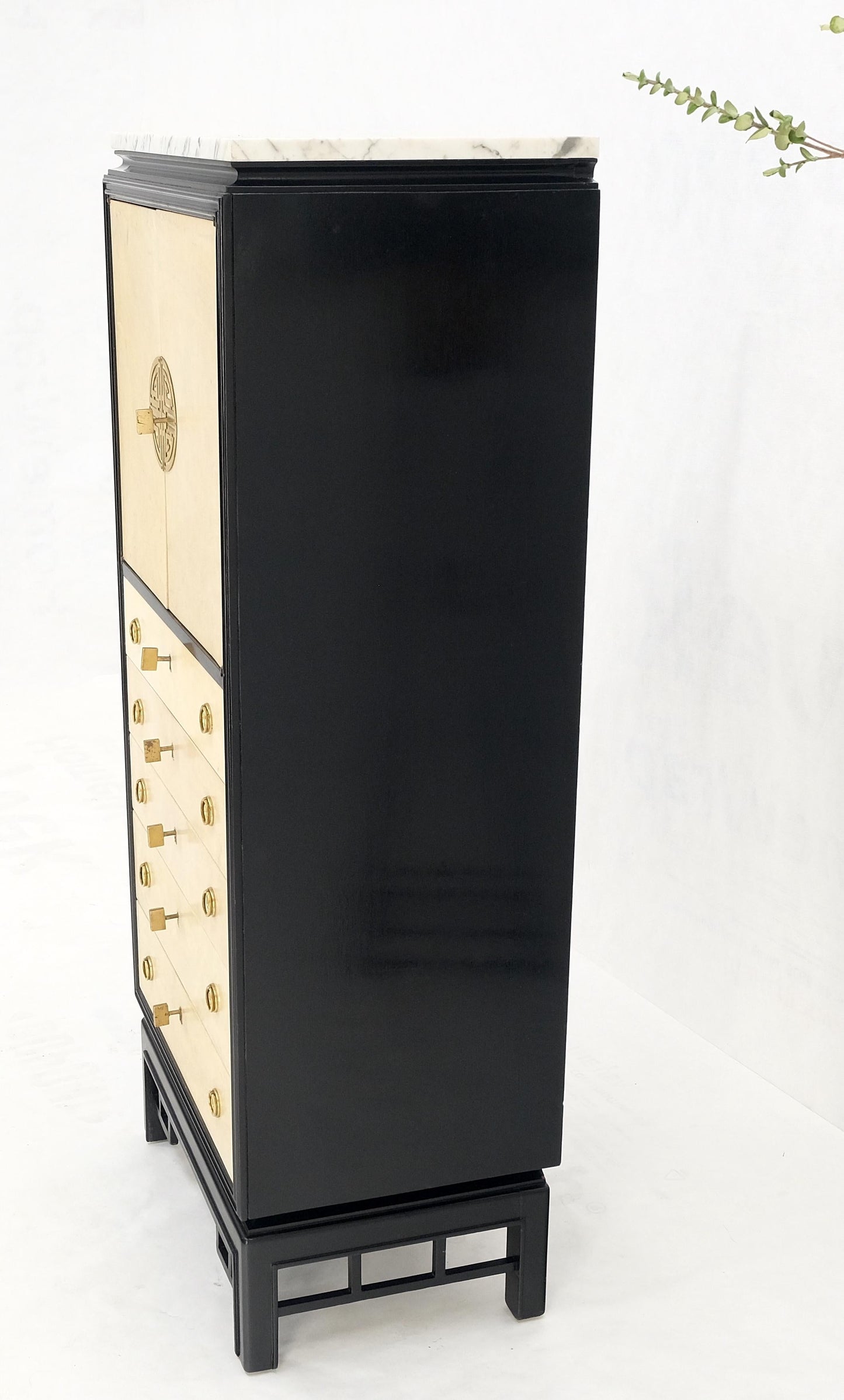 EstablishedLines Black Lacquer Marble Top Goatskin Drawers & Double Doors Liquor Silver Cabinet