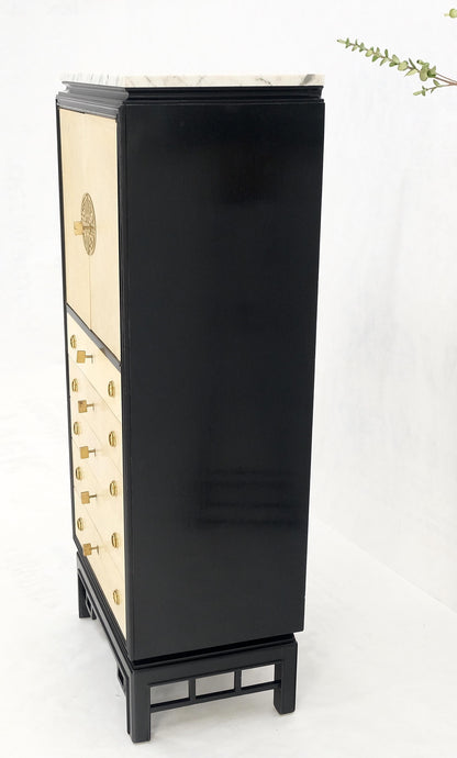 EstablishedLines Black Lacquer Marble Top Goatskin Drawers & Double Doors Liquor Silver Cabinet
