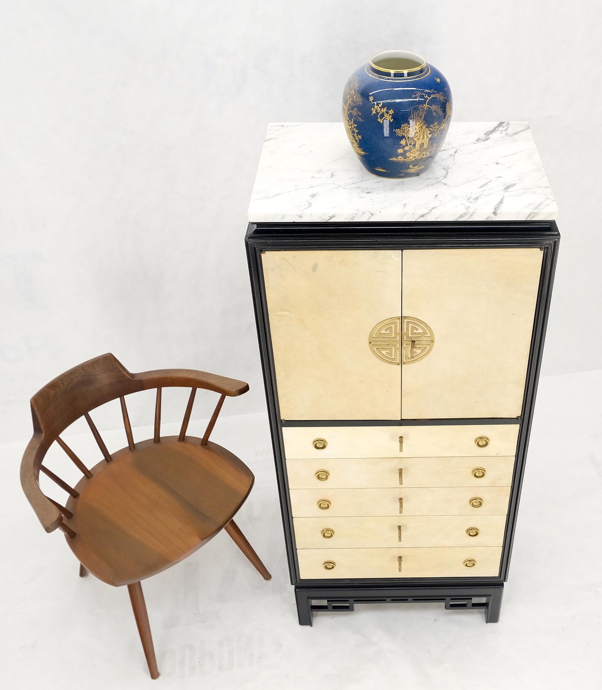 EstablishedLines Black Lacquer Marble Top Goatskin Drawers & Double Doors Liquor Silver Cabinet