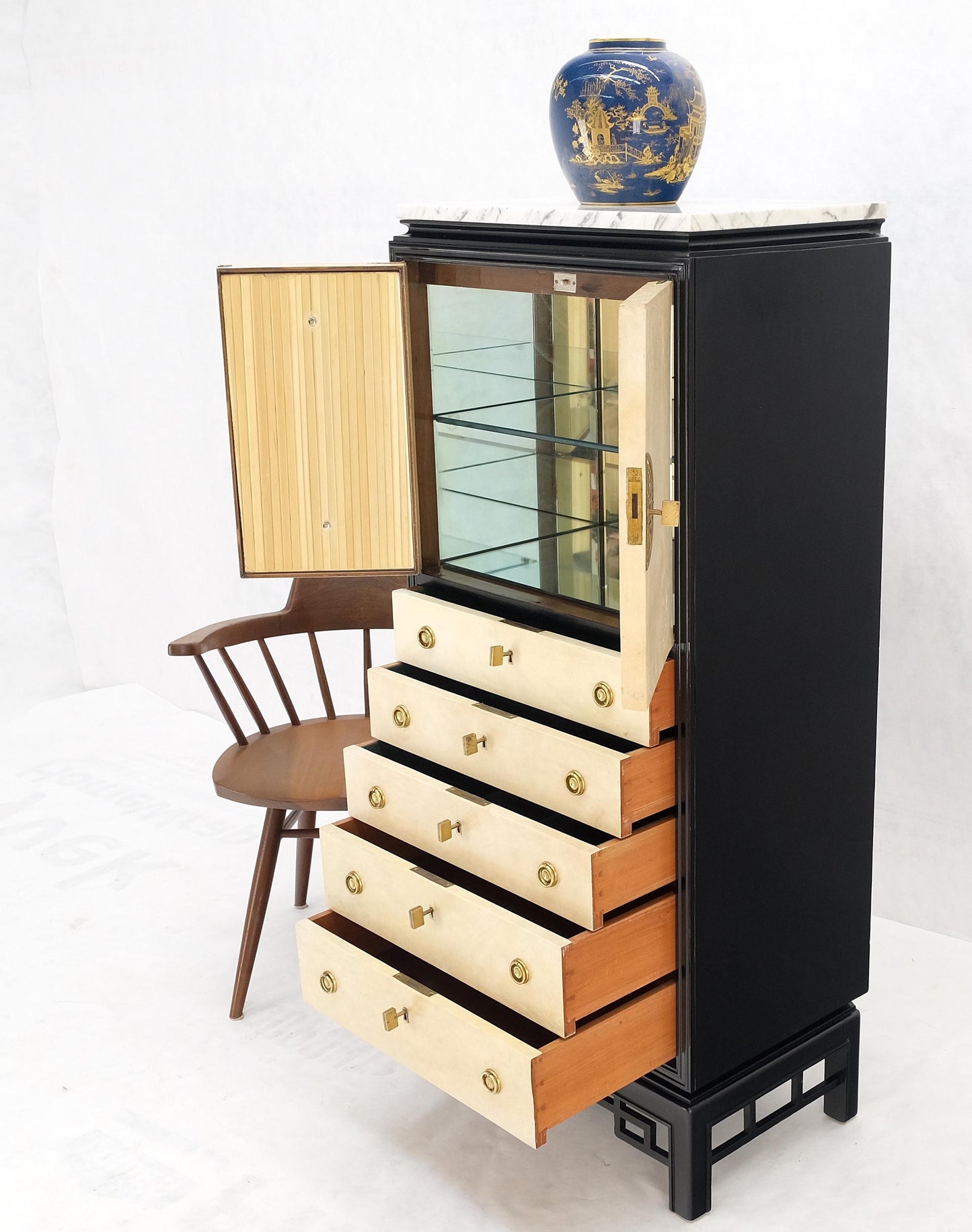 EstablishedLines Black Lacquer Marble Top Goatskin Drawers & Double Doors Liquor Silver Cabinet