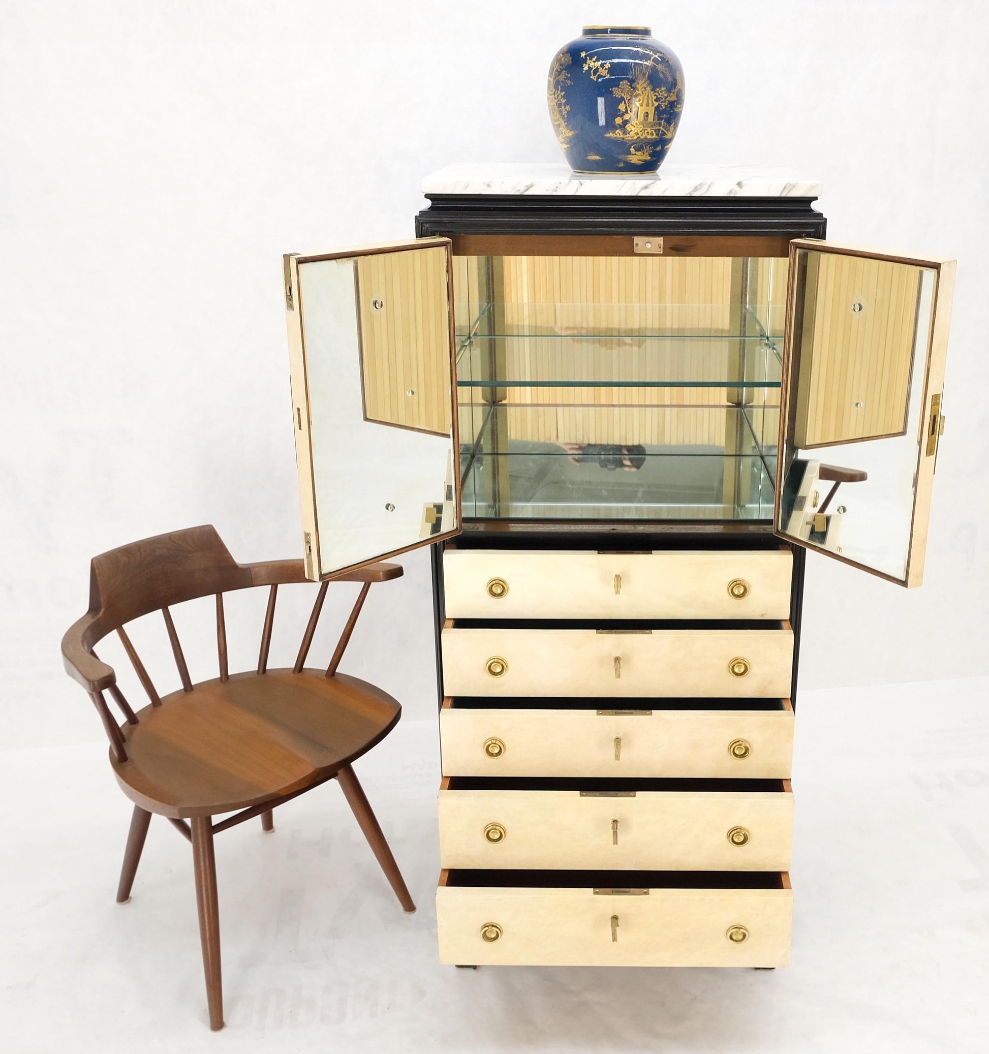 EstablishedLines Black Lacquer Marble Top Goatskin Drawers & Double Doors Liquor Silver Cabinet