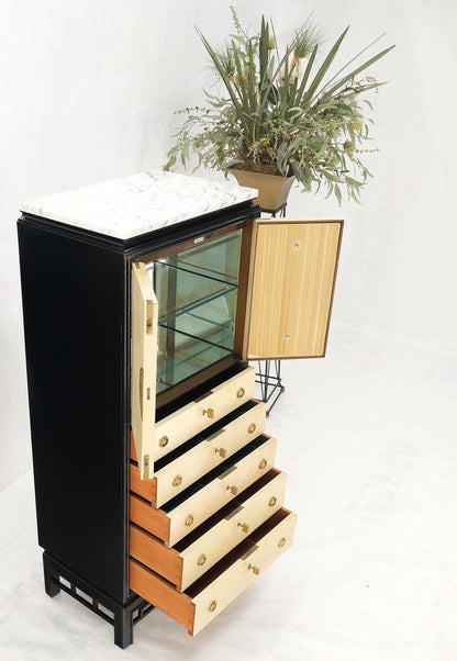 EstablishedLines Black Lacquer Marble Top Goatskin Drawers & Double Doors Liquor Silver Cabinet