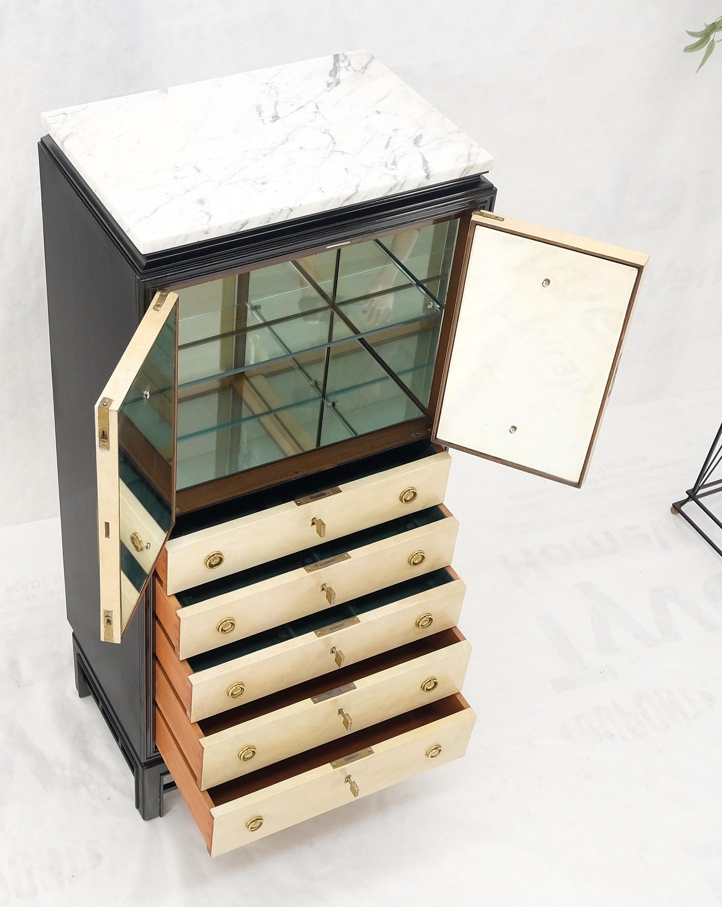 EstablishedLines Black Lacquer Marble Top Goatskin Drawers & Double Doors Liquor Silver Cabinet