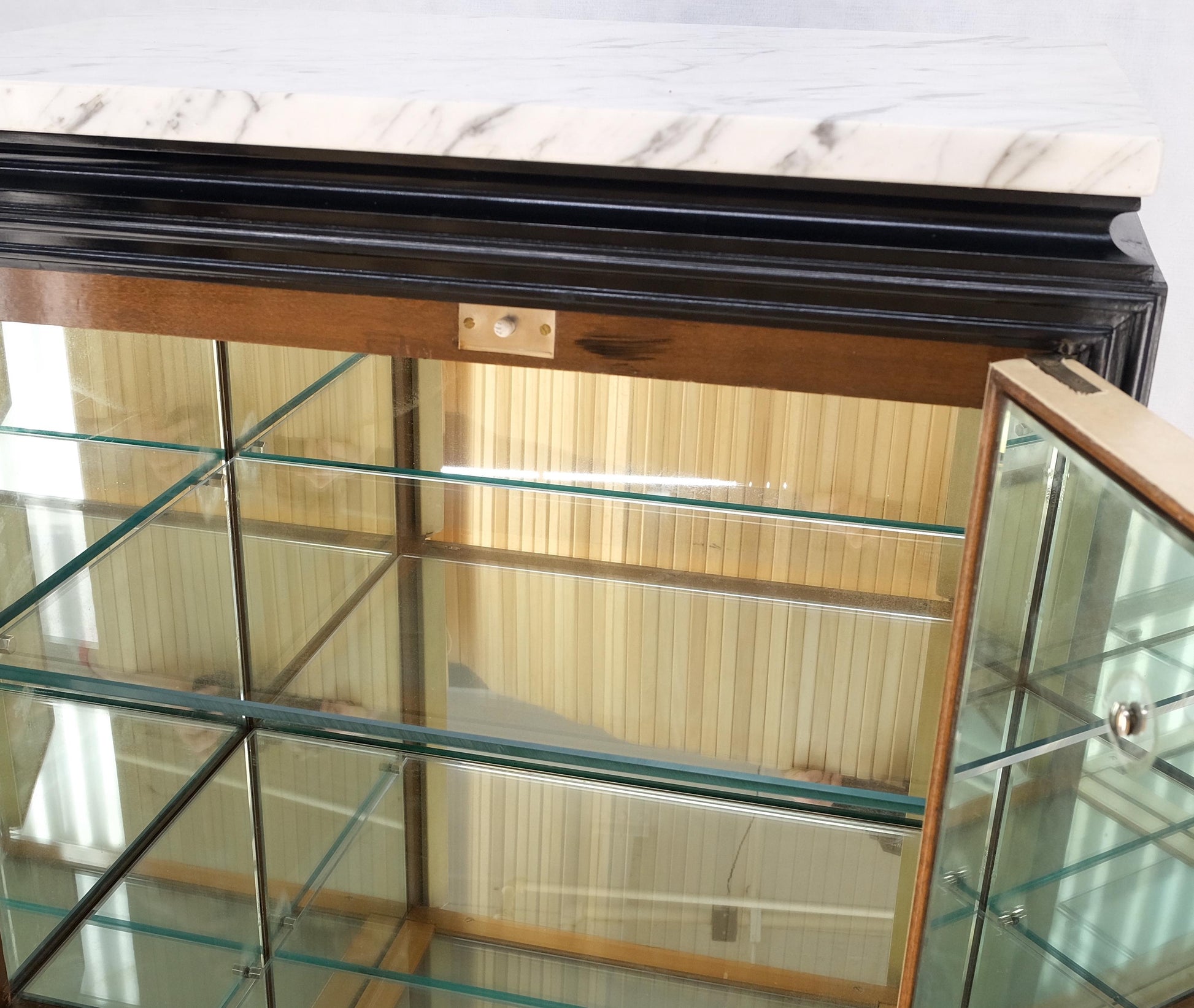 EstablishedLines Black Lacquer Marble Top Goatskin Drawers & Double Doors Liquor Silver Cabinet