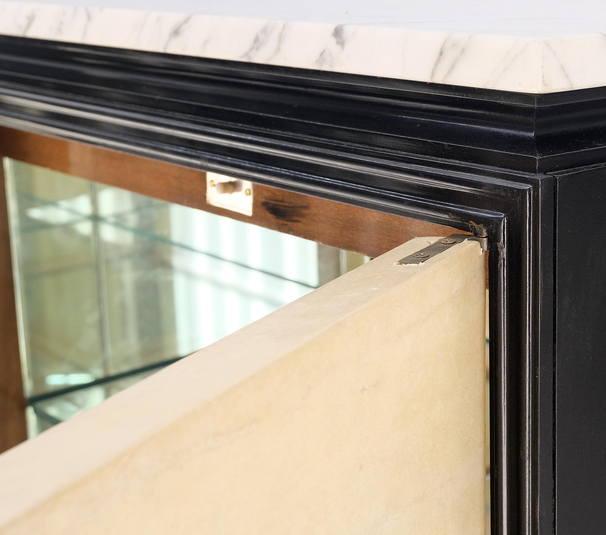 EstablishedLines Black Lacquer Marble Top Goatskin Drawers & Double Doors Liquor Silver Cabinet