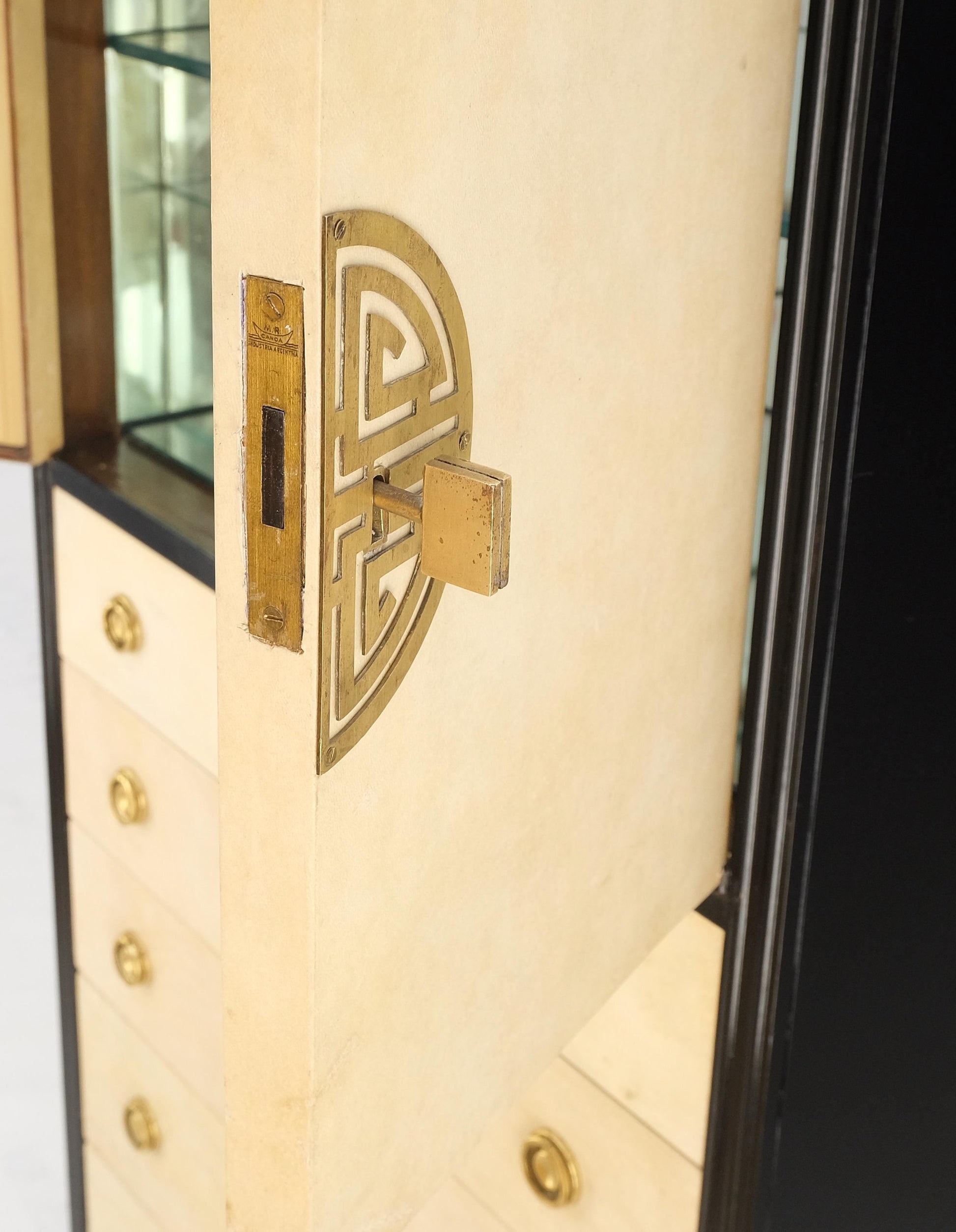 EstablishedLines Black Lacquer Marble Top Goatskin Drawers & Double Doors Liquor Silver Cabinet