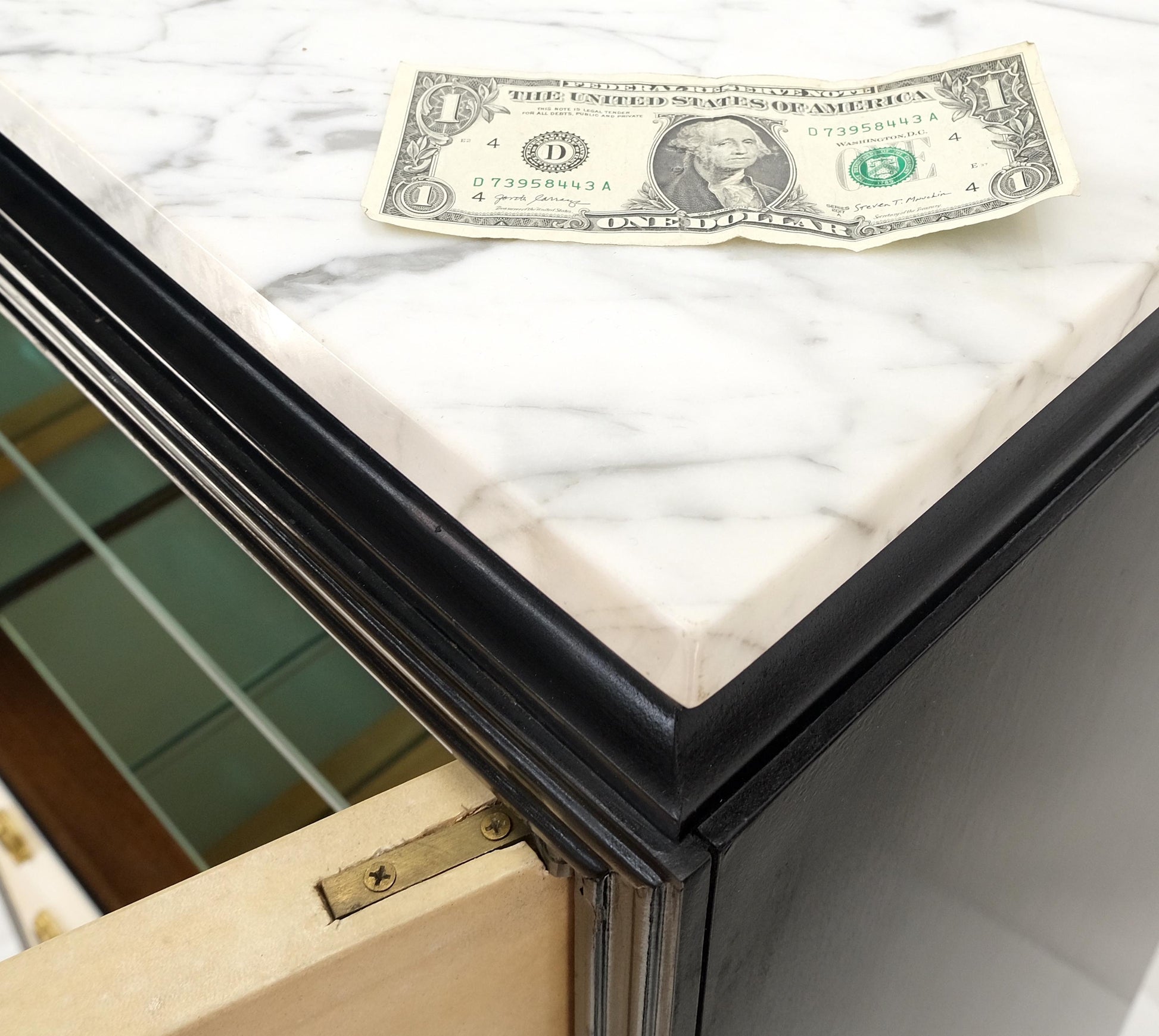 EstablishedLines Black Lacquer Marble Top Goatskin Drawers & Double Doors Liquor Silver Cabinet