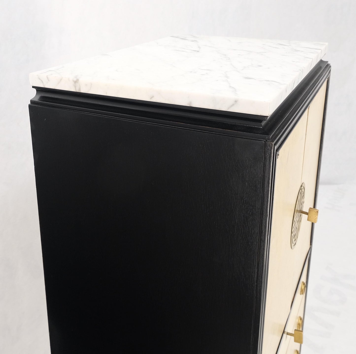 EstablishedLines Black Lacquer Marble Top Goatskin Drawers & Double Doors Liquor Silver Cabinet