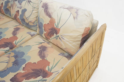 EstablishedLines Mid Century Three Seater Bamboo Frame Flowered Upholstery Sofa Couch