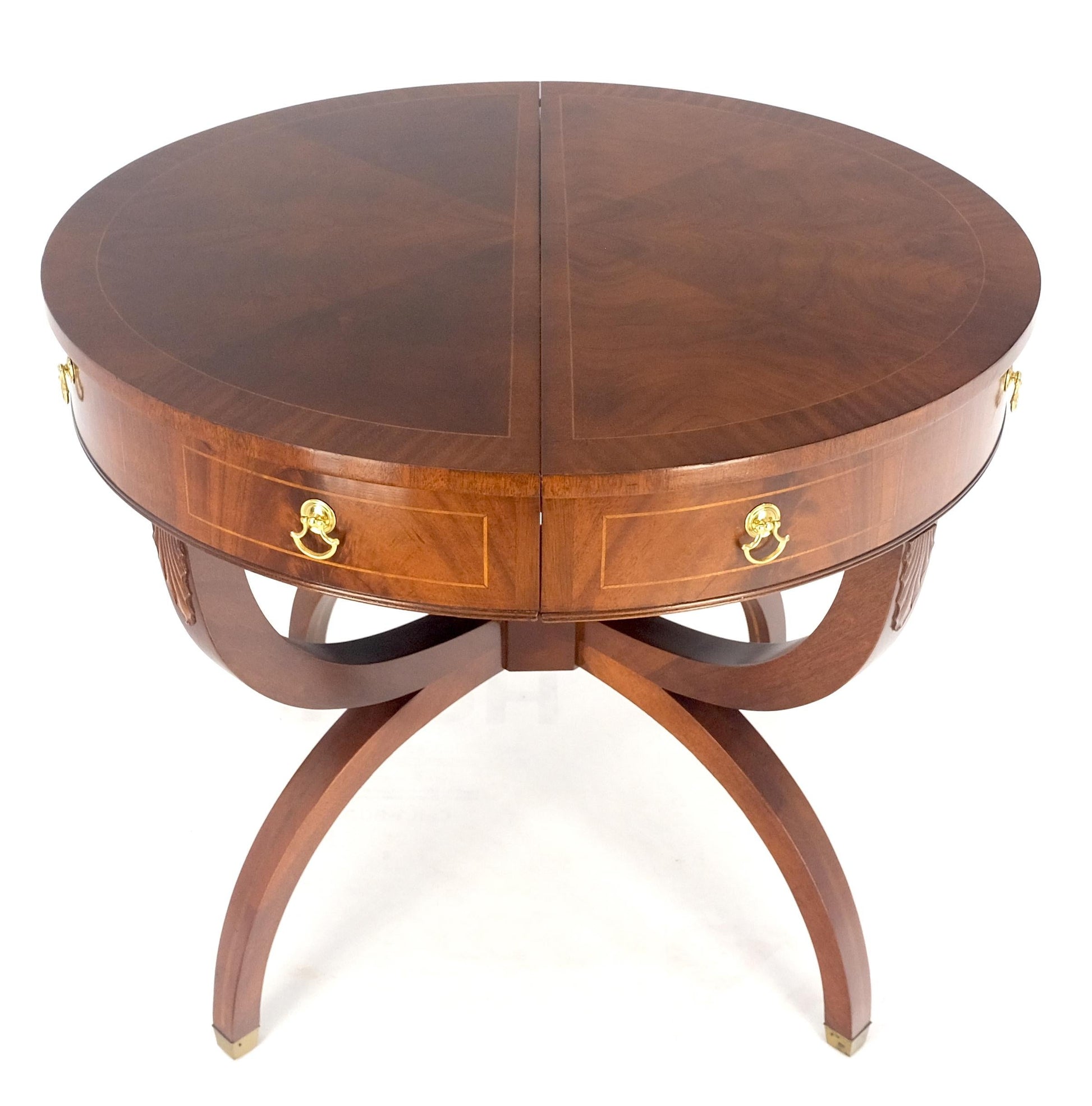 EstablishedLines Round Mahogany Single Pedestal Drum to Duning Table w/ 2 Extension Boards Mint