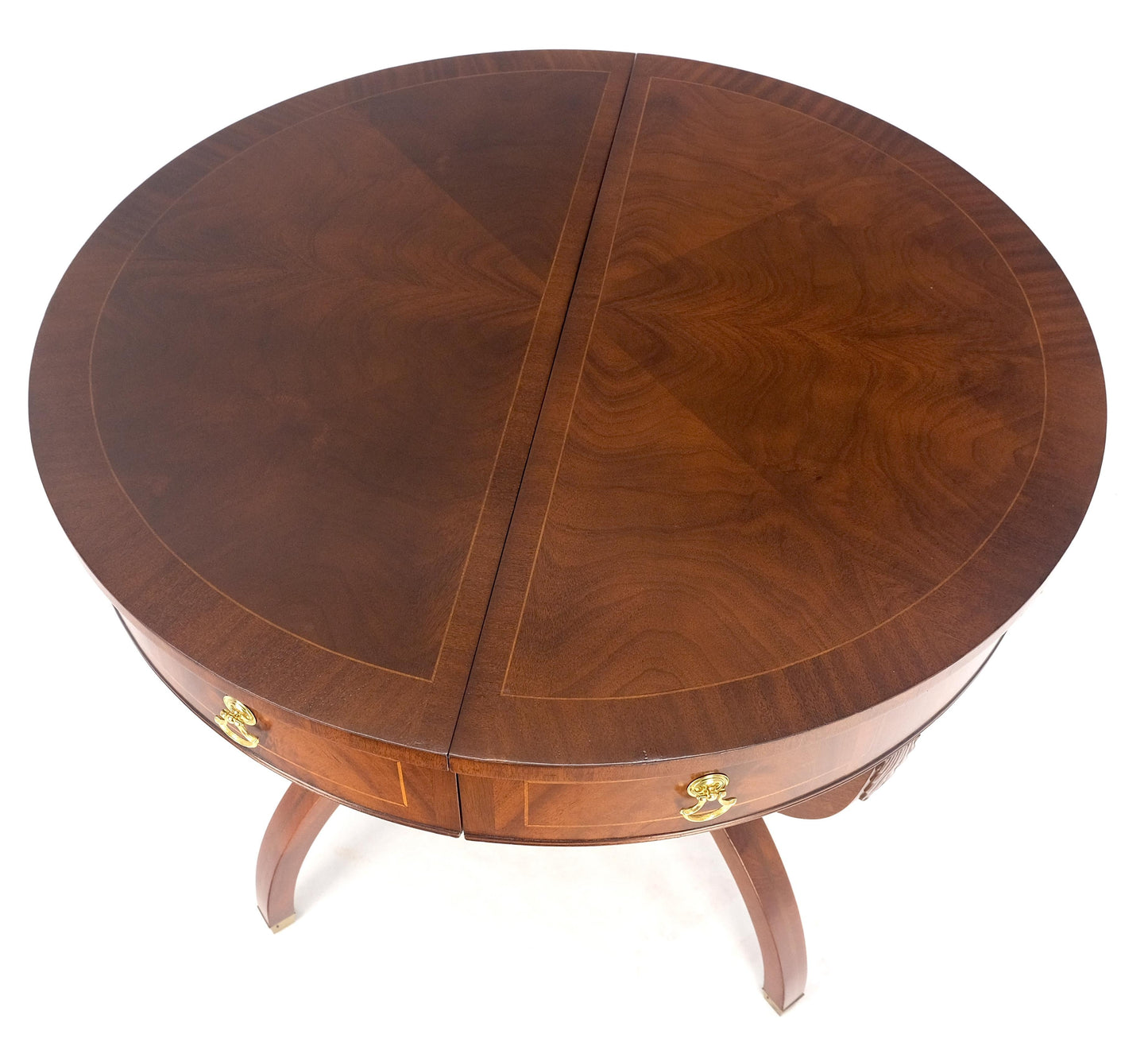 EstablishedLines Round Mahogany Single Pedestal Drum to Duning Table w/ 2 Extension Boards Mint