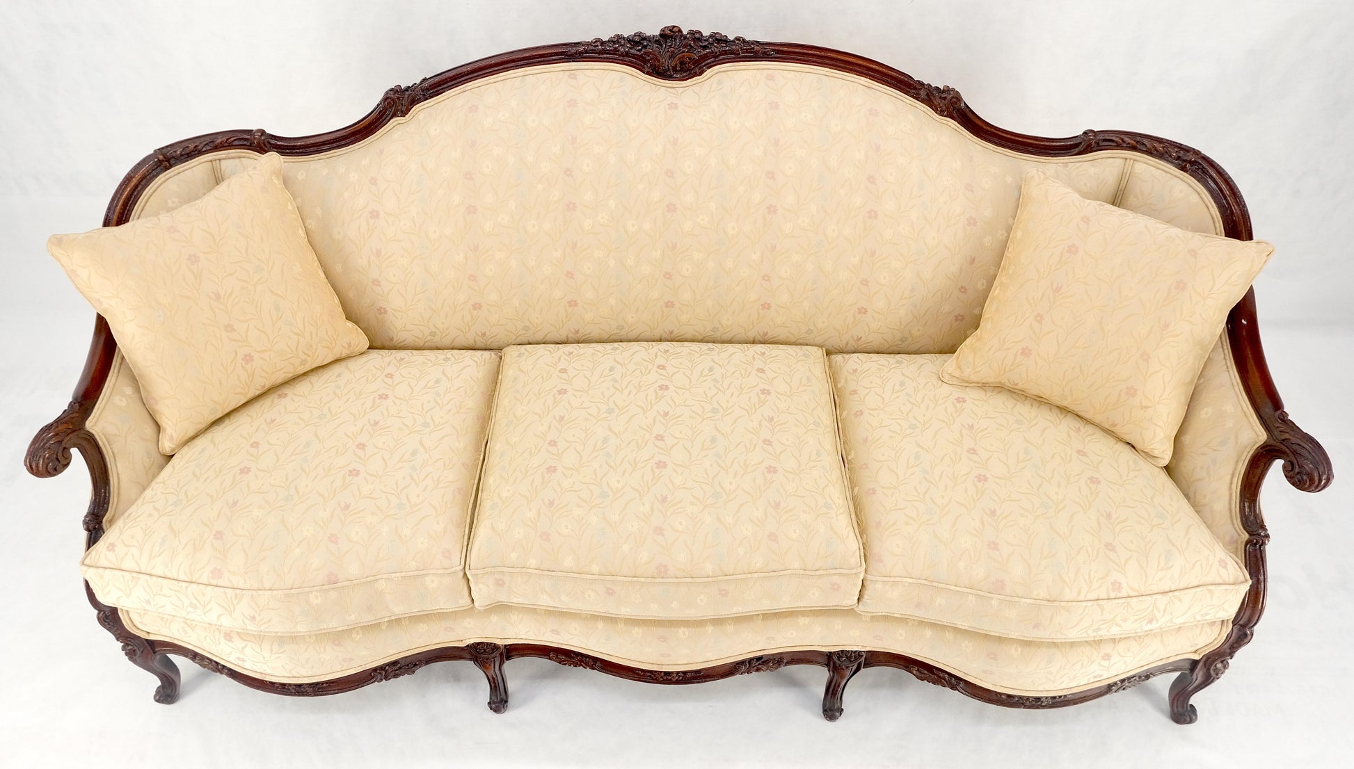 EstablishedLines Very Fine Carved Mahogany Frame Cream Upholstery Curved Back French Sofa MINT!