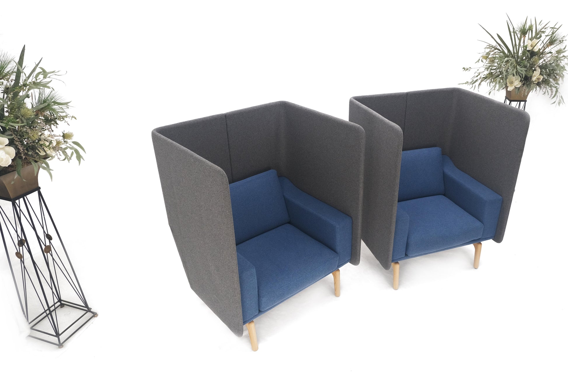 EstablishedLines Pair Mid Century Modern Wingback Lounge Chairs Blue Grey Wool Upholstery MINT!